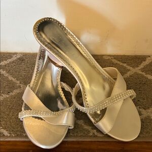 Michaelangelo Ivory Satin Pearl-Trim Heeled Sandals